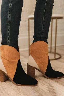 Clearance Dear-Lover Colorblock Suede Heeled Ankle Booties Black