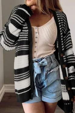 Online Dear-Lover Colorblock Textured Knit Buttoned Cardigan Black