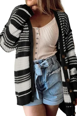 Online Dear-Lover Colorblock Textured Knit Buttoned Cardigan Black