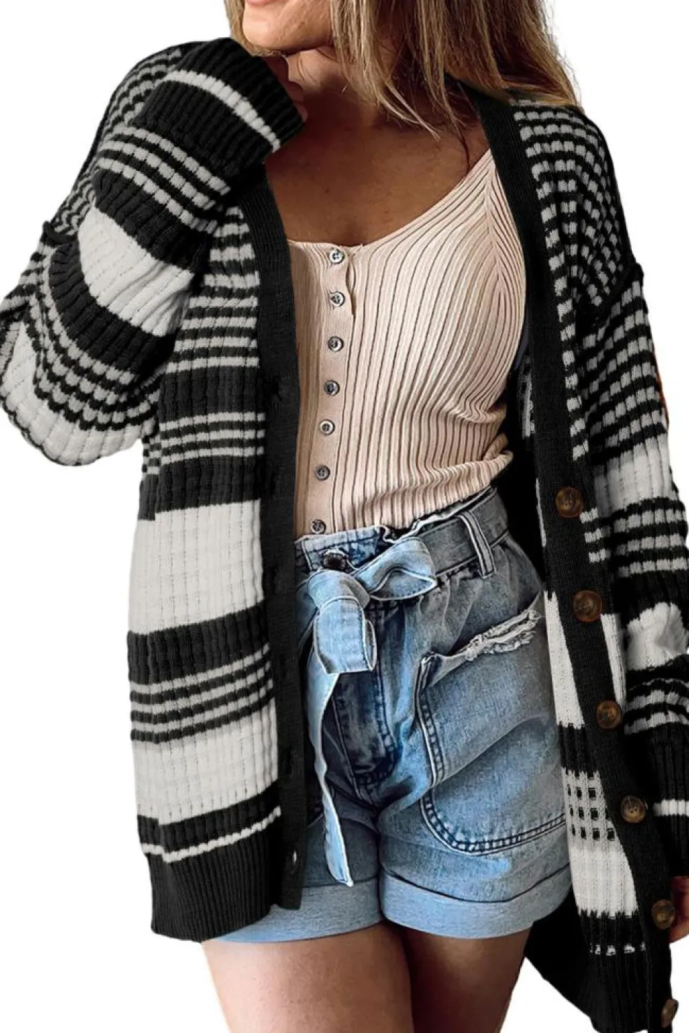 Online Dear-Lover Colorblock Textured Knit Buttoned Cardigan Black