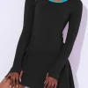 New Dear-Lover Colorblock Trim Front Cut out Long Sleeve Active Dress Black