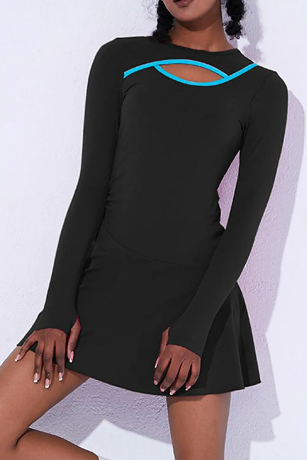 New Dear-Lover Colorblock Trim Front Cut out Long Sleeve Active Dress Black