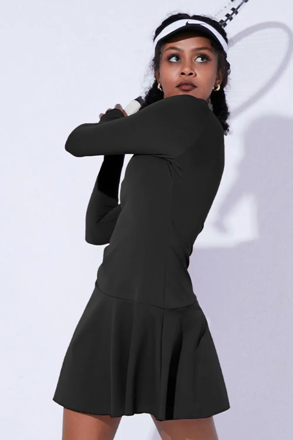 New Dear-Lover Colorblock Trim Front Cut out Long Sleeve Active Dress Black
