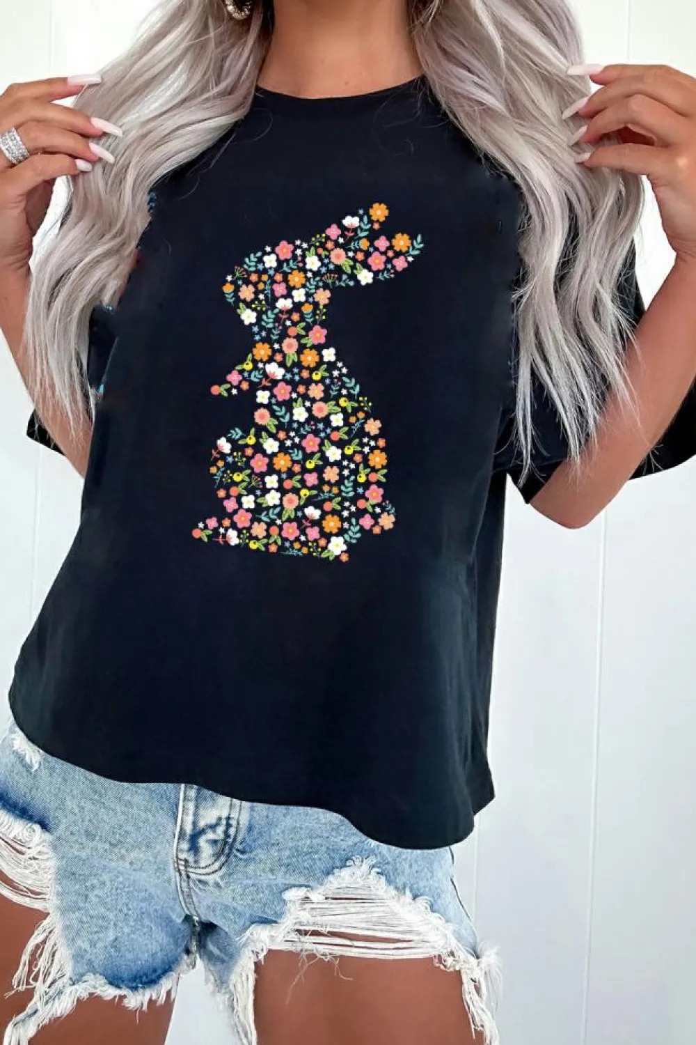 Discount Dear-Lover Colorful Floral Bunny Graphic Easter T Shirt Black