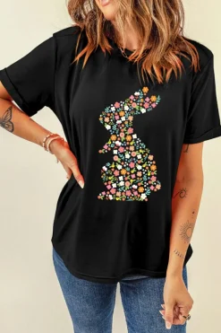 Discount Dear-Lover Colorful Floral Bunny Graphic Easter T Shirt Black