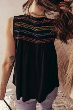 Outlet Dear-Lover Colorful Shirred Yoke Notched V Neck Tank Top Black