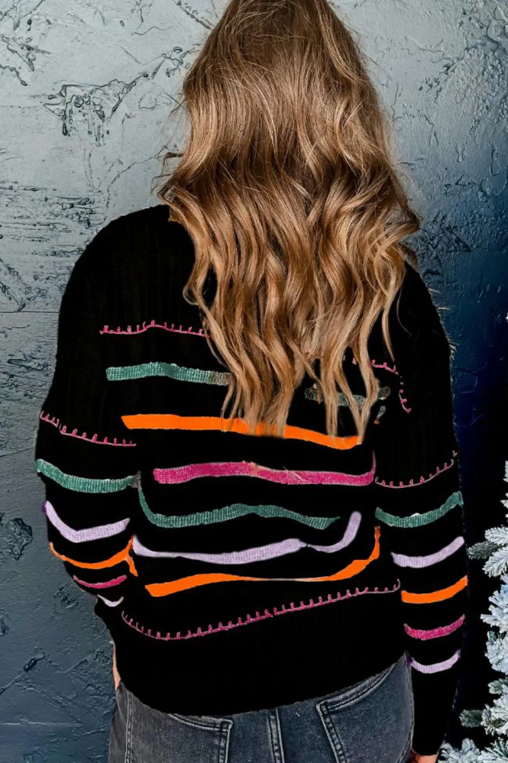Best Dear-Lover Colorful Striped Ribbed Trim Sweater Black