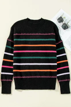 Best Dear-Lover Colorful Striped Ribbed Trim Sweater Black
