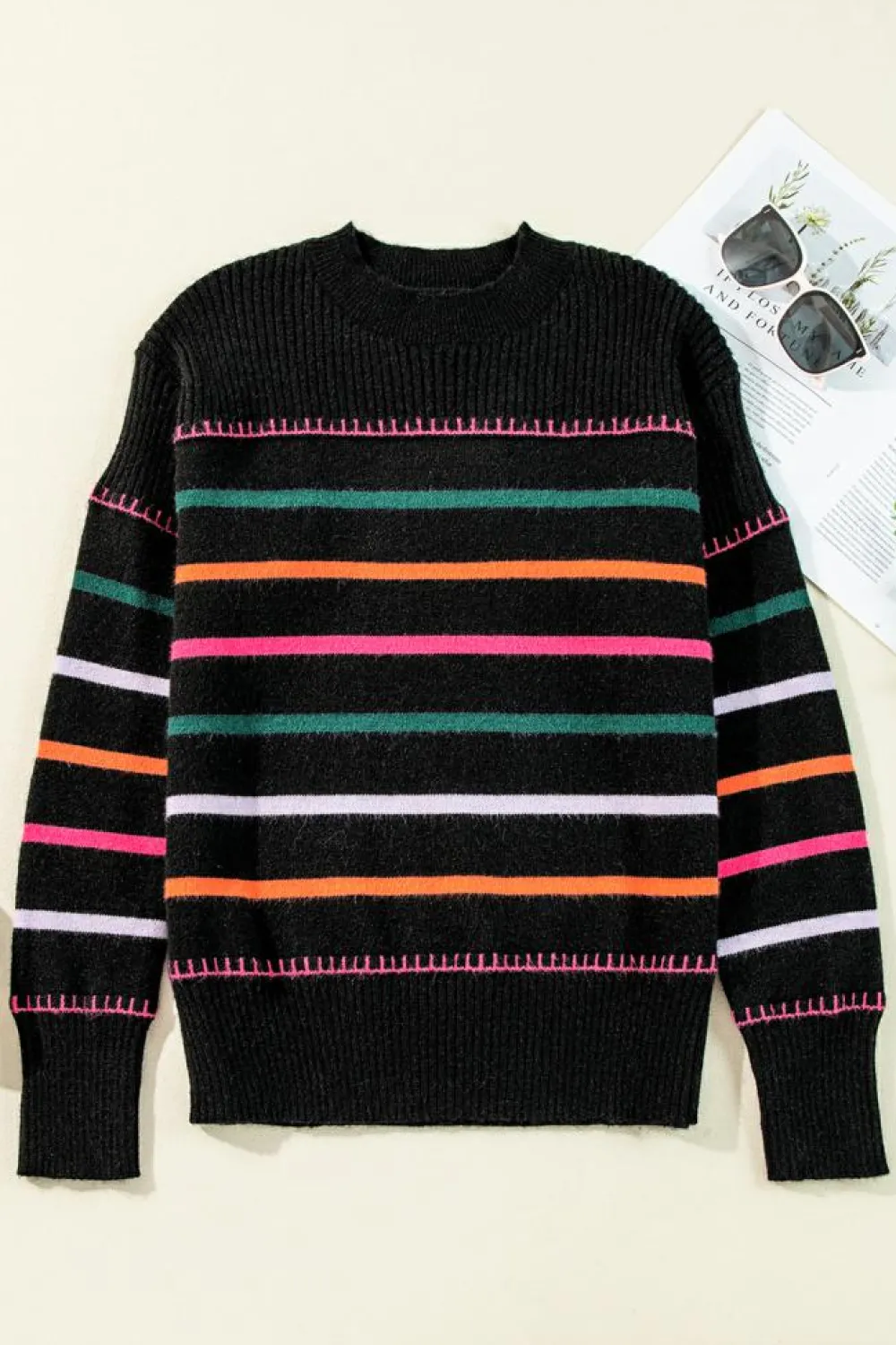 Best Dear-Lover Colorful Striped Ribbed Trim Sweater Black