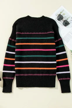 Best Dear-Lover Colorful Striped Ribbed Trim Sweater Black