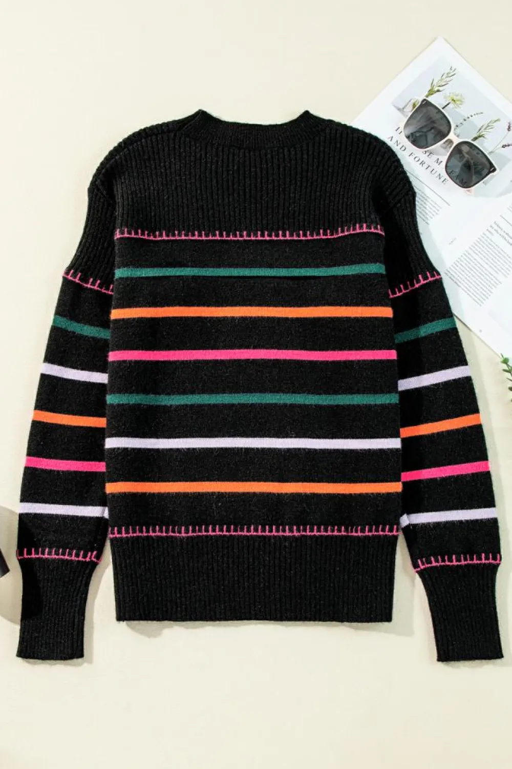 Best Dear-Lover Colorful Striped Ribbed Trim Sweater Black