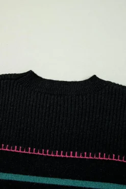 Best Dear-Lover Colorful Striped Ribbed Trim Sweater Black