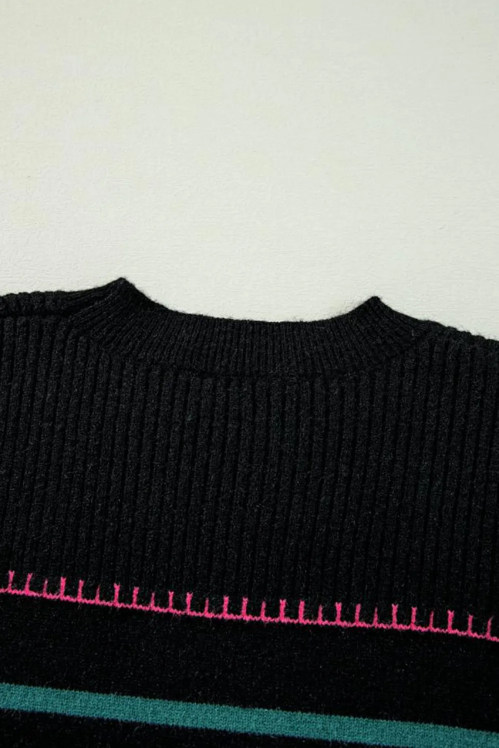 Best Dear-Lover Colorful Striped Ribbed Trim Sweater Black
