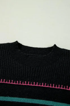 Best Dear-Lover Colorful Striped Ribbed Trim Sweater Black