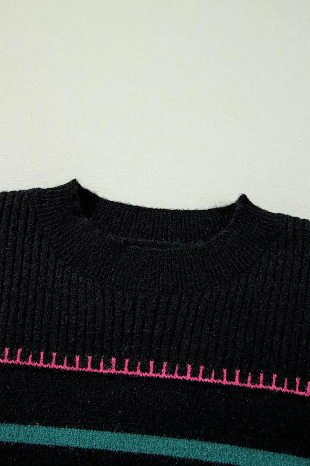 Best Dear-Lover Colorful Striped Ribbed Trim Sweater Black