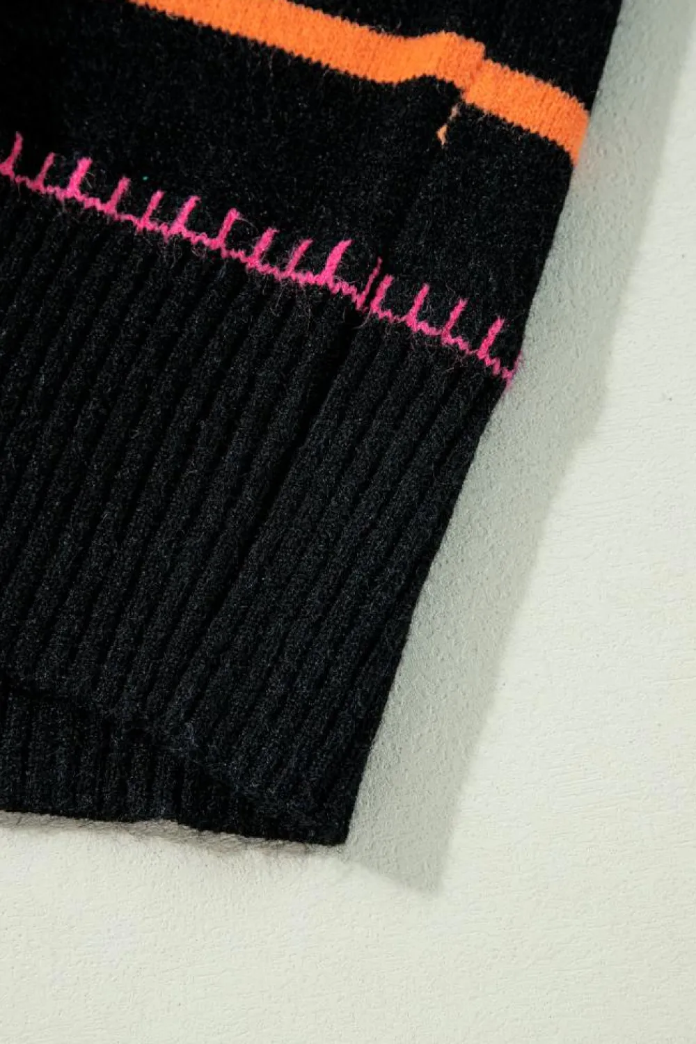 Best Dear-Lover Colorful Striped Ribbed Trim Sweater Black