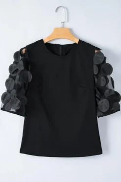 Hot Dear-Lover Contrast Applique Mesh Half Sleeve Blouse Black