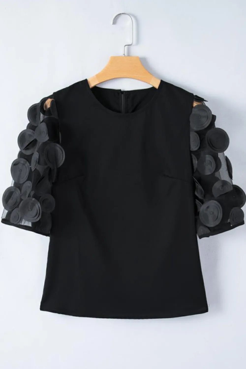 Hot Dear-Lover Contrast Applique Mesh Half Sleeve Blouse Black
