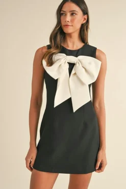 New Dear-Lover Black Contrast Bowknot Applique Crew Neck Sleeveless Mini Dress Color black