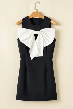 New Dear-Lover Black Contrast Bowknot Applique Crew Neck Sleeveless Mini Dress Color black