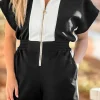 Online Dear-Lover Contrast Collar Patchwork Zip Front Romper Black