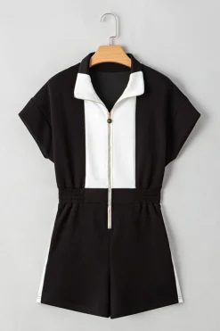 Online Dear-Lover Contrast Collar Patchwork Zip Front Romper Black