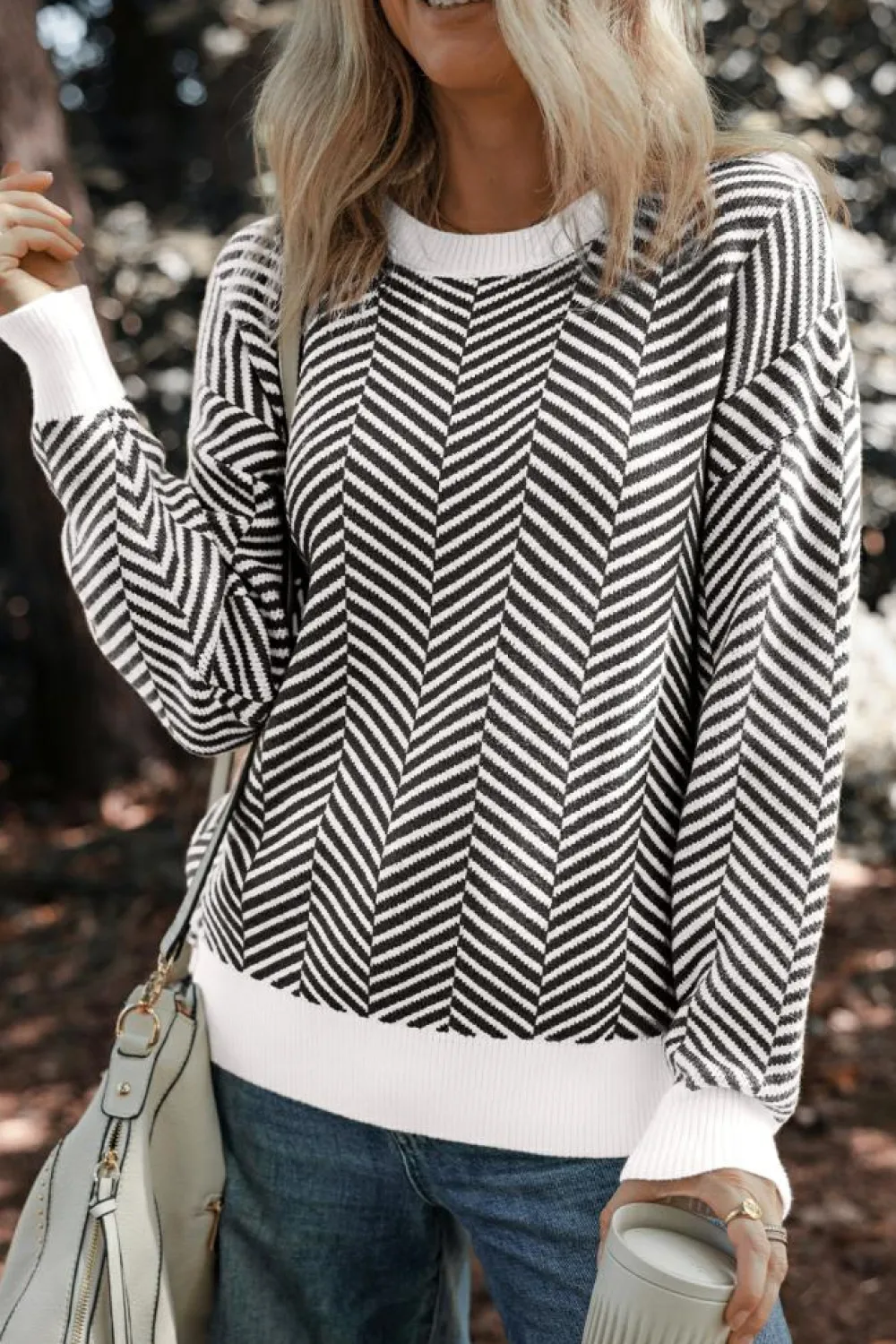 Clearance Dear-Lover Contrast Edge Crew Neck Drop Shoulder Sweater Black