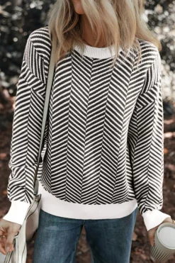 Clearance Dear-Lover Contrast Edge Crew Neck Drop Shoulder Sweater Black