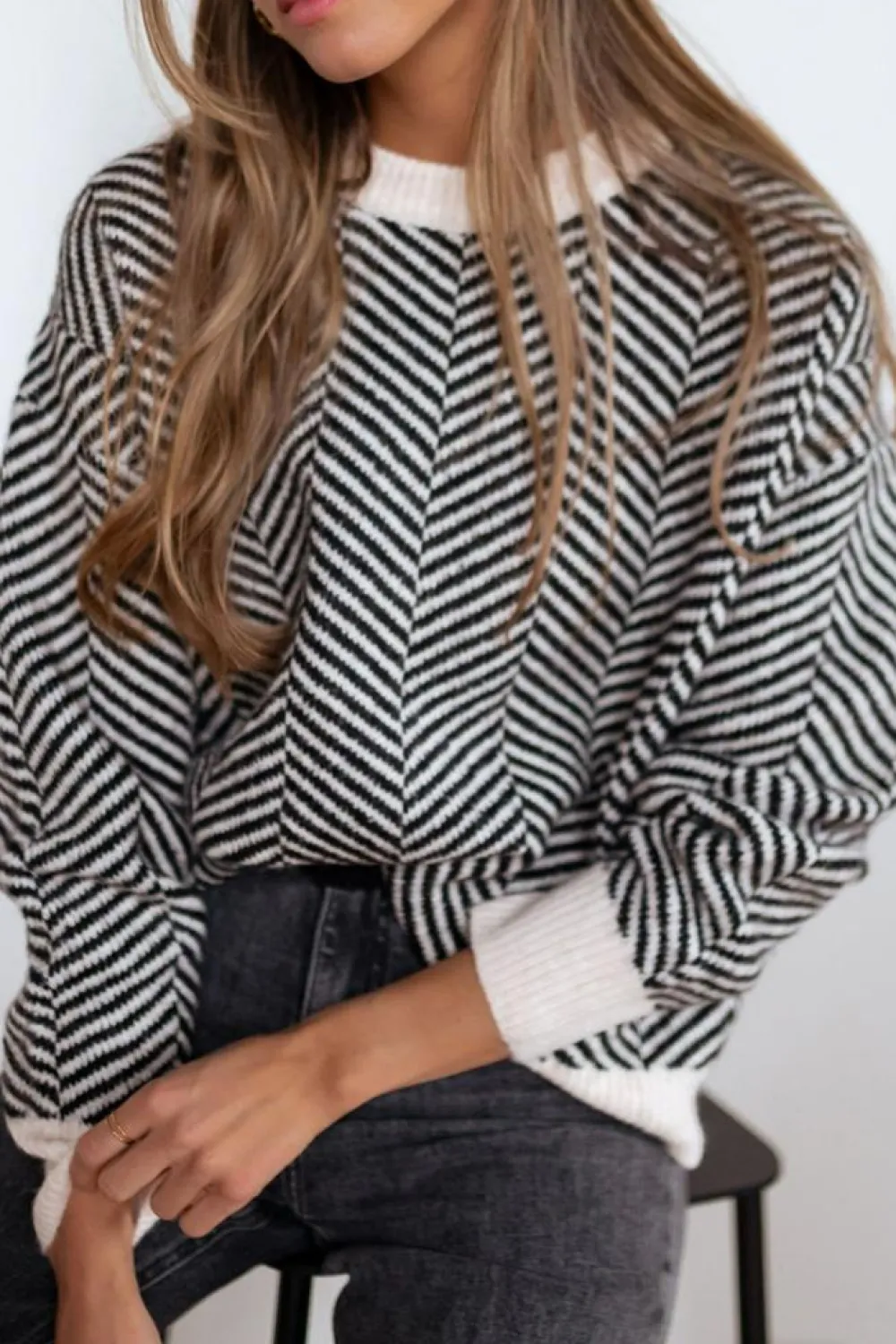 Clearance Dear-Lover Contrast Edge Crew Neck Drop Shoulder Sweater Black