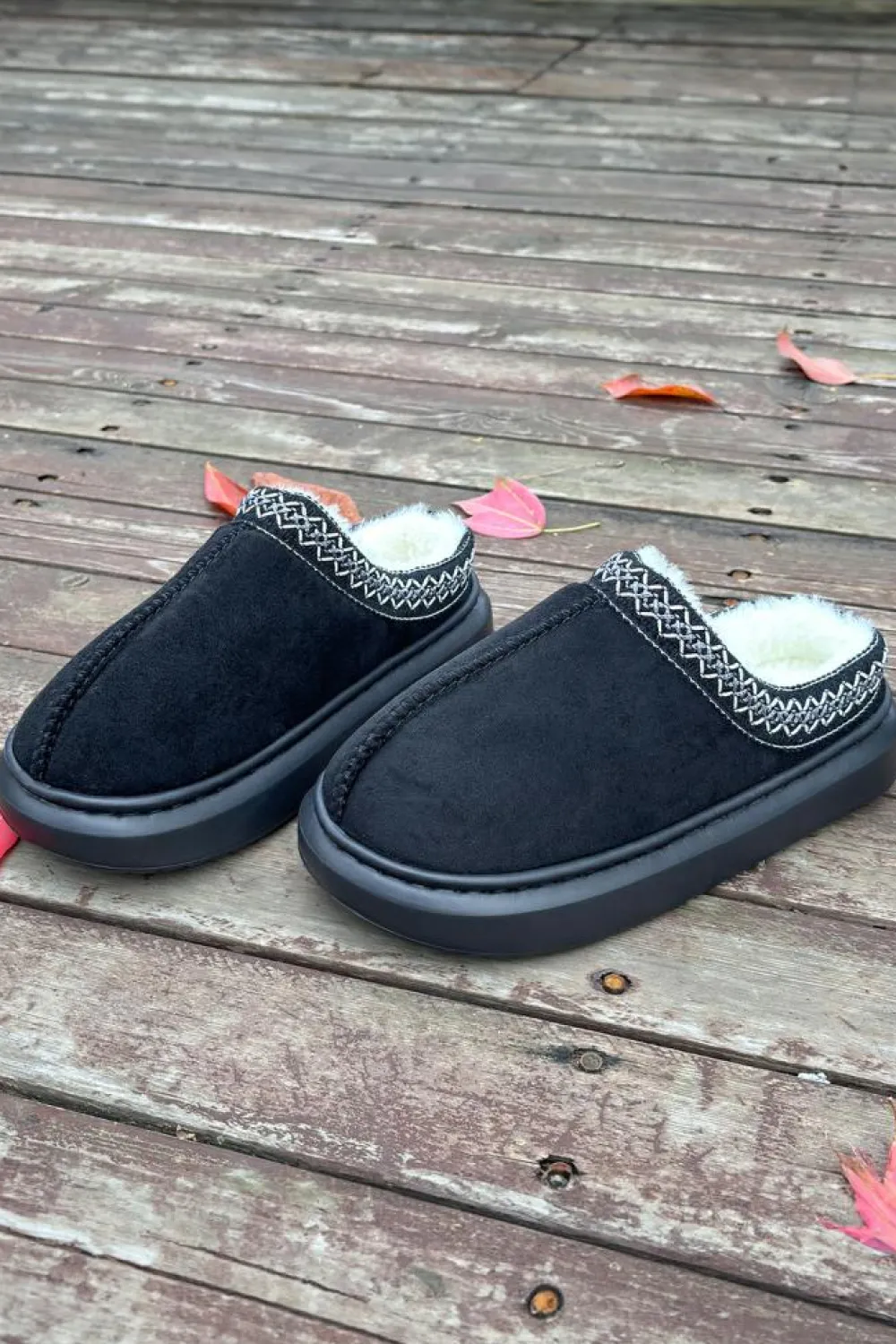 Outlet Dear-Lover Contrast Edge Suede Plush Lined Thick Sole Winter Slippers Black