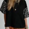 Discount Dear-Lover Contrast Floral Puff Sleeve Oversized Top Black