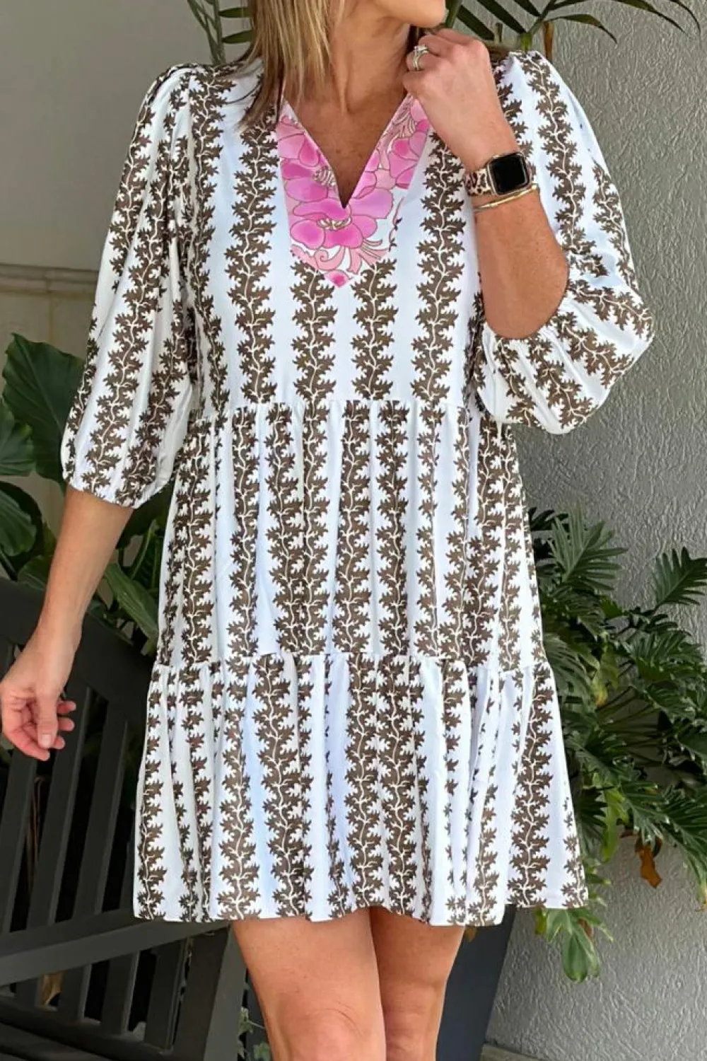 Best Dear-Lover Contrast Floral V Neck Printed Bracelet Sleeve Dress Black