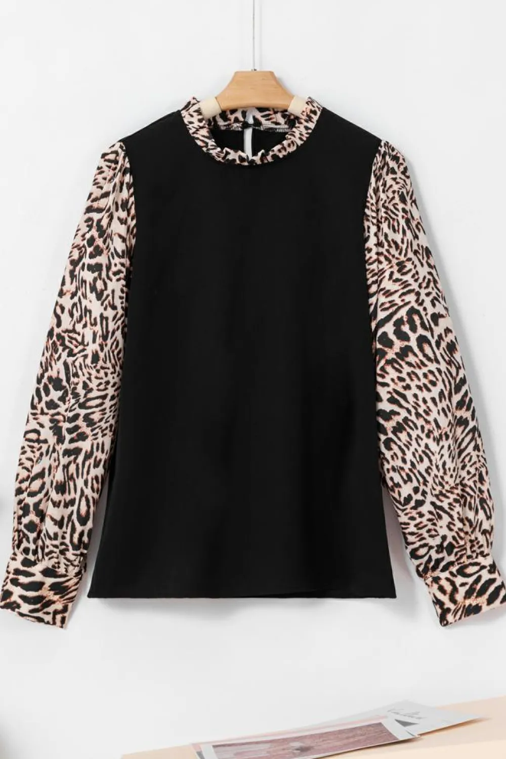 New Dear-Lover Contrast Leopard Print Lantern Sleeve Blouse Black