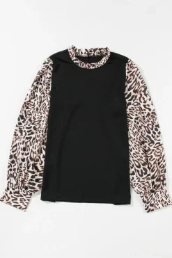 New Dear-Lover Contrast Leopard Print Lantern Sleeve Blouse Black