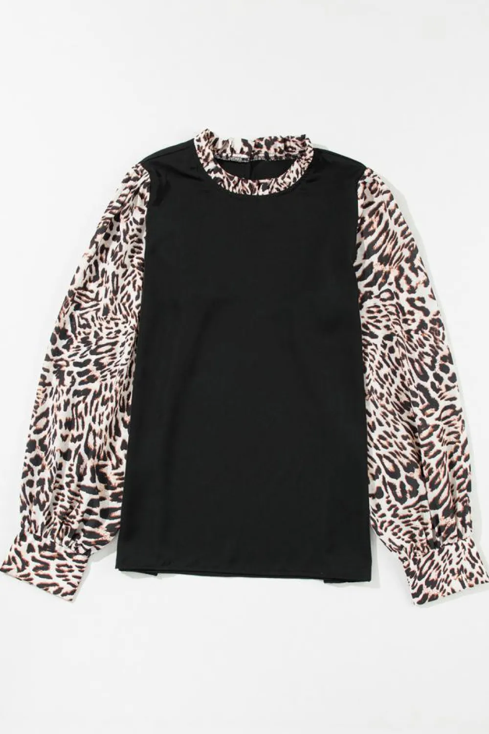 New Dear-Lover Contrast Leopard Print Lantern Sleeve Blouse Black
