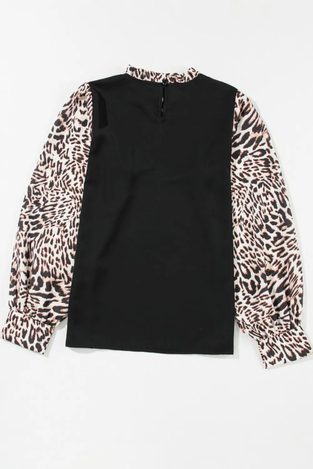 New Dear-Lover Contrast Leopard Print Lantern Sleeve Blouse Black