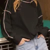 Hot Dear-Lover Contrast Rainbow Trim Drop Shoulder Pullover Sweatshirt Black