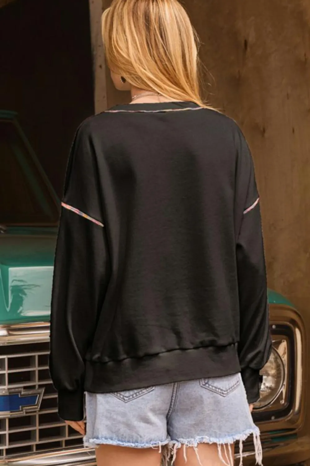 Hot Dear-Lover Contrast Rainbow Trim Drop Shoulder Pullover Sweatshirt Black