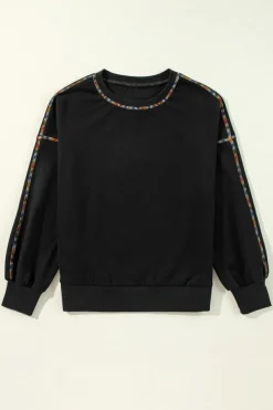 Hot Dear-Lover Contrast Rainbow Trim Drop Shoulder Pullover Sweatshirt Black