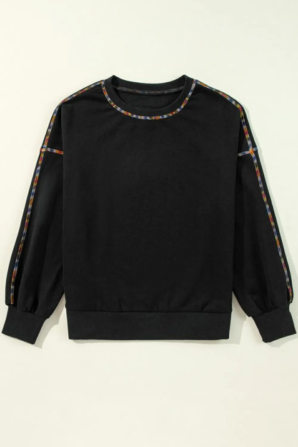 Hot Dear-Lover Contrast Rainbow Trim Drop Shoulder Pullover Sweatshirt Black