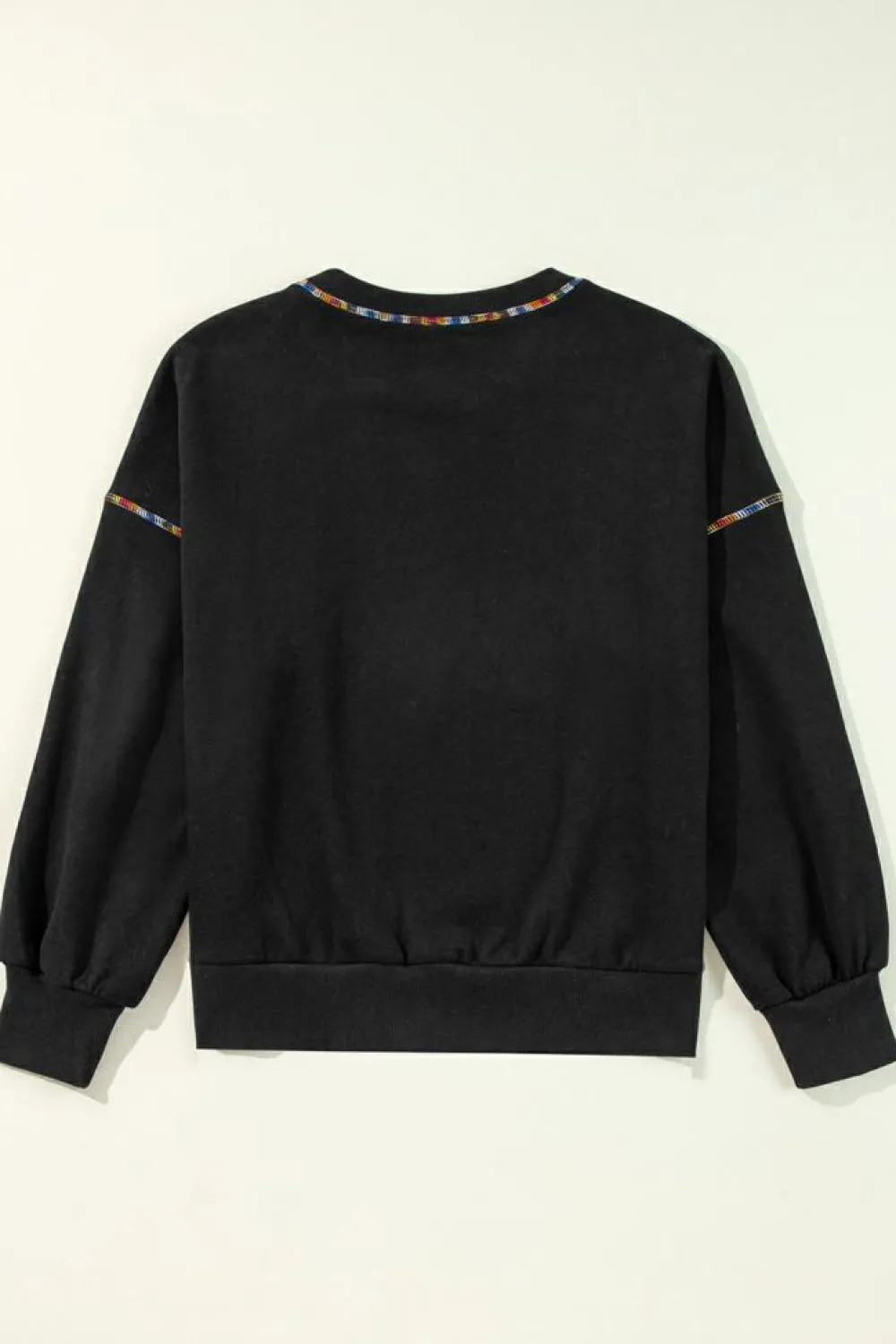 Hot Dear-Lover Contrast Rainbow Trim Drop Shoulder Pullover Sweatshirt Black