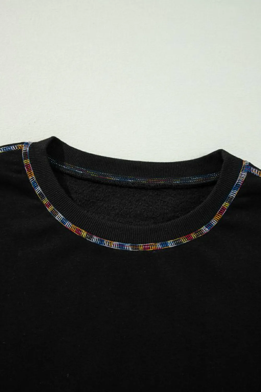 Hot Dear-Lover Contrast Rainbow Trim Drop Shoulder Pullover Sweatshirt Black