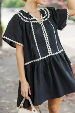 Discount Dear-Lover Contrast Ricrac Trim Short Sleeve V Neck Loose Mini Dress Black