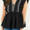 Sale Dear-Lover Contrast Ricrac Trim Ruffled V Neck Peplum Top Black