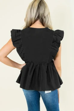 Sale Dear-Lover Contrast Ricrac Trim Ruffled V Neck Peplum Top Black