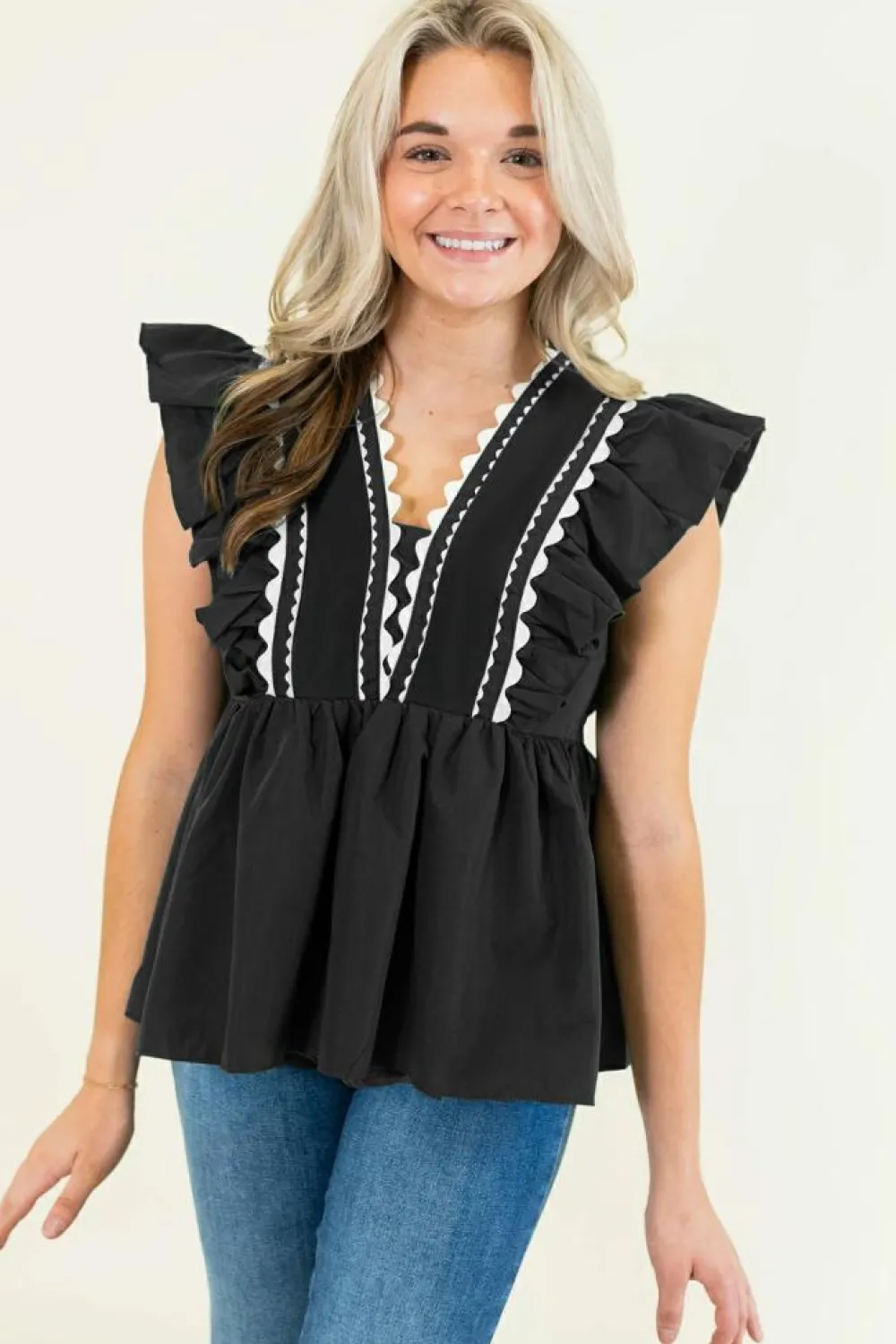 Sale Dear-Lover Contrast Ricrac Trim Ruffled V Neck Peplum Top Black