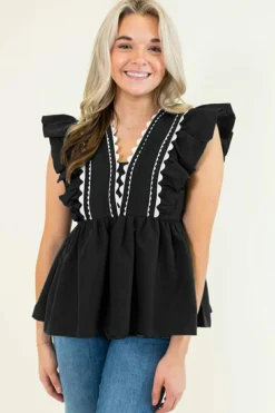 Sale Dear-Lover Contrast Ricrac Trim Ruffled V Neck Peplum Top Black