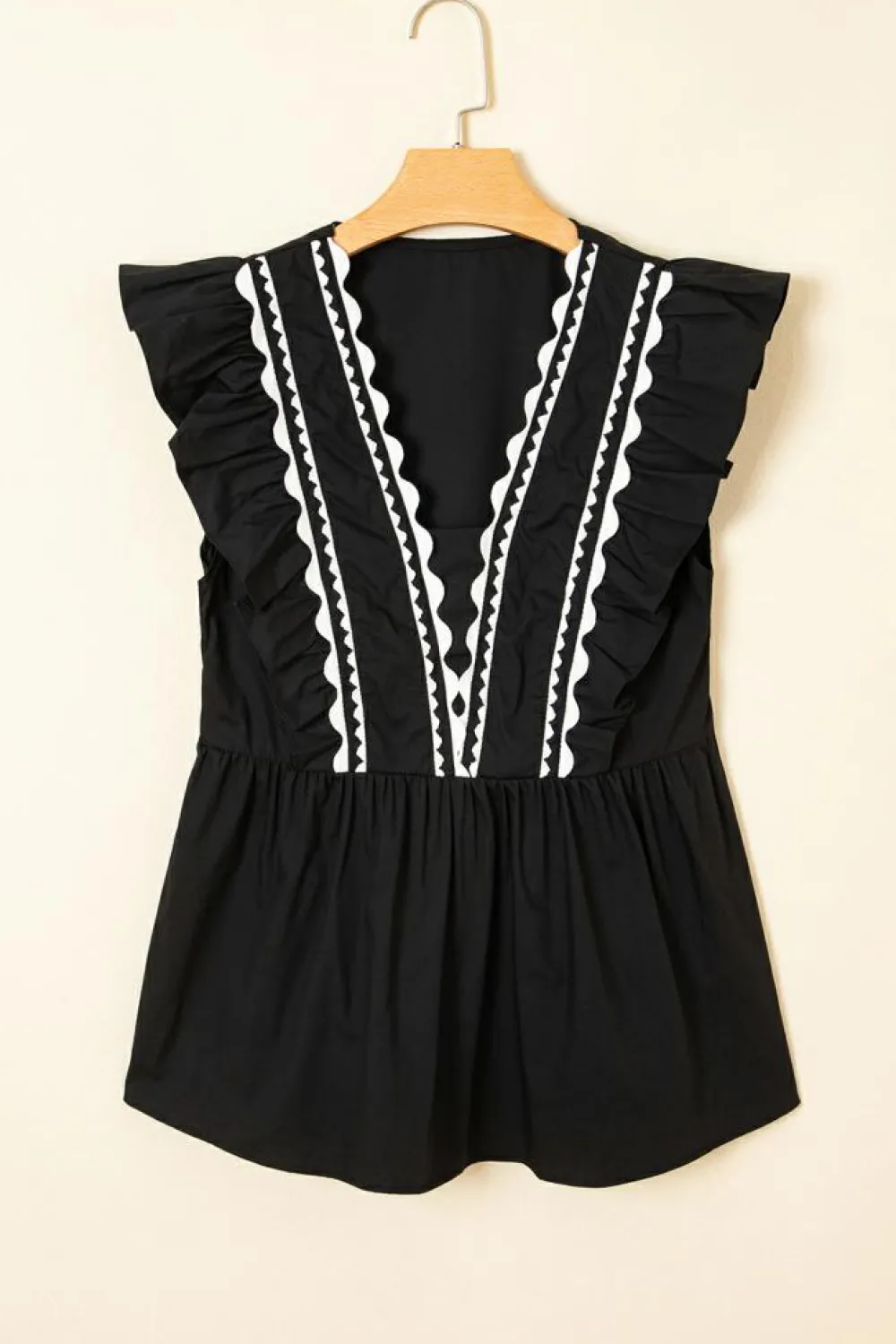 Sale Dear-Lover Contrast Ricrac Trim Ruffled V Neck Peplum Top Black