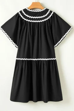 Discount Dear-Lover Contrast Ricrac Trim Short Sleeve V Neck Loose Mini Dress Black