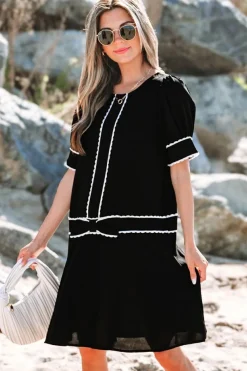Sale Dear-Lover Contrast Scallop Trim Bow Detail Half Sleeve Shift Dress Black